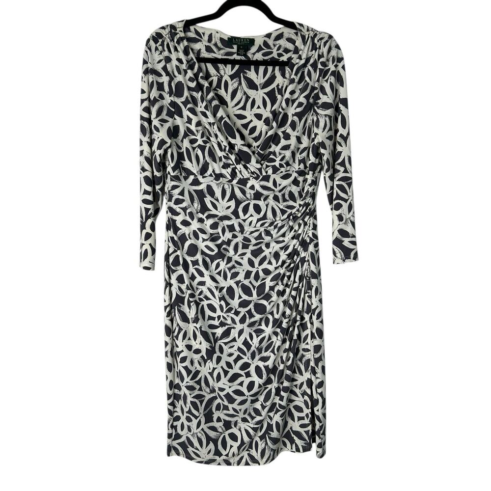 Lauren Ralph Lauren Dress Size 12 Navy White V-Neck Ruched Career Office Corpcor